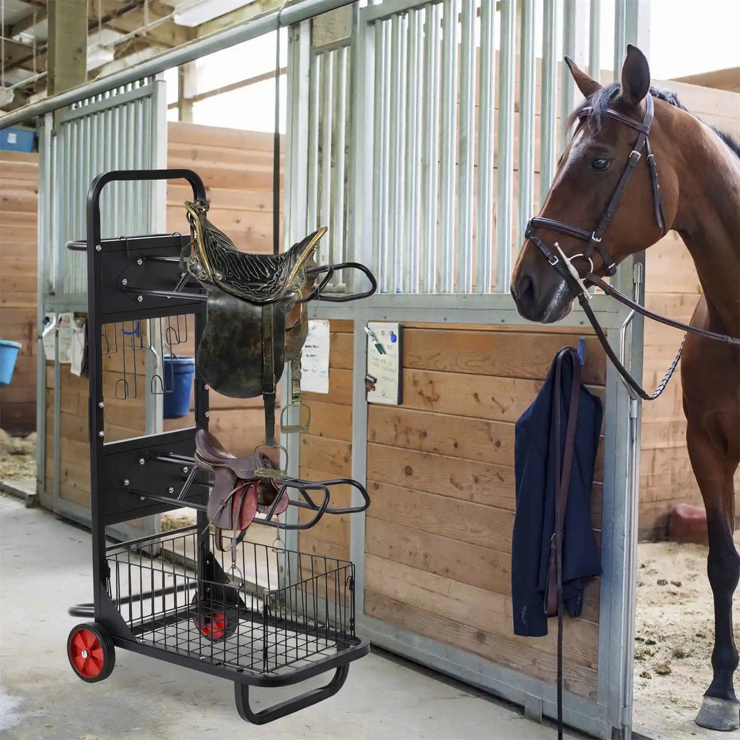 Horse Saddle Rack Portable Heavy Duty Wheels Cart for Stable Storage