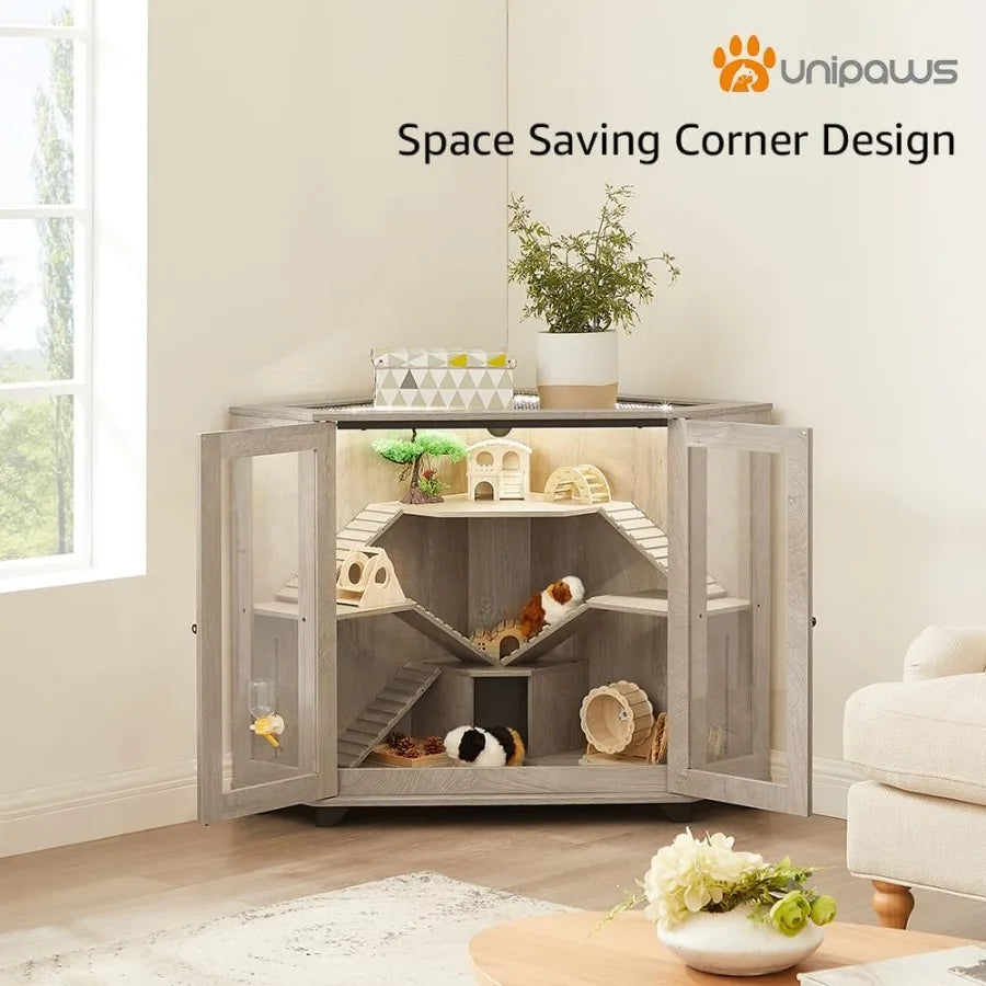 NONECN Corner Wood Small Animal Cage With Ramp And House