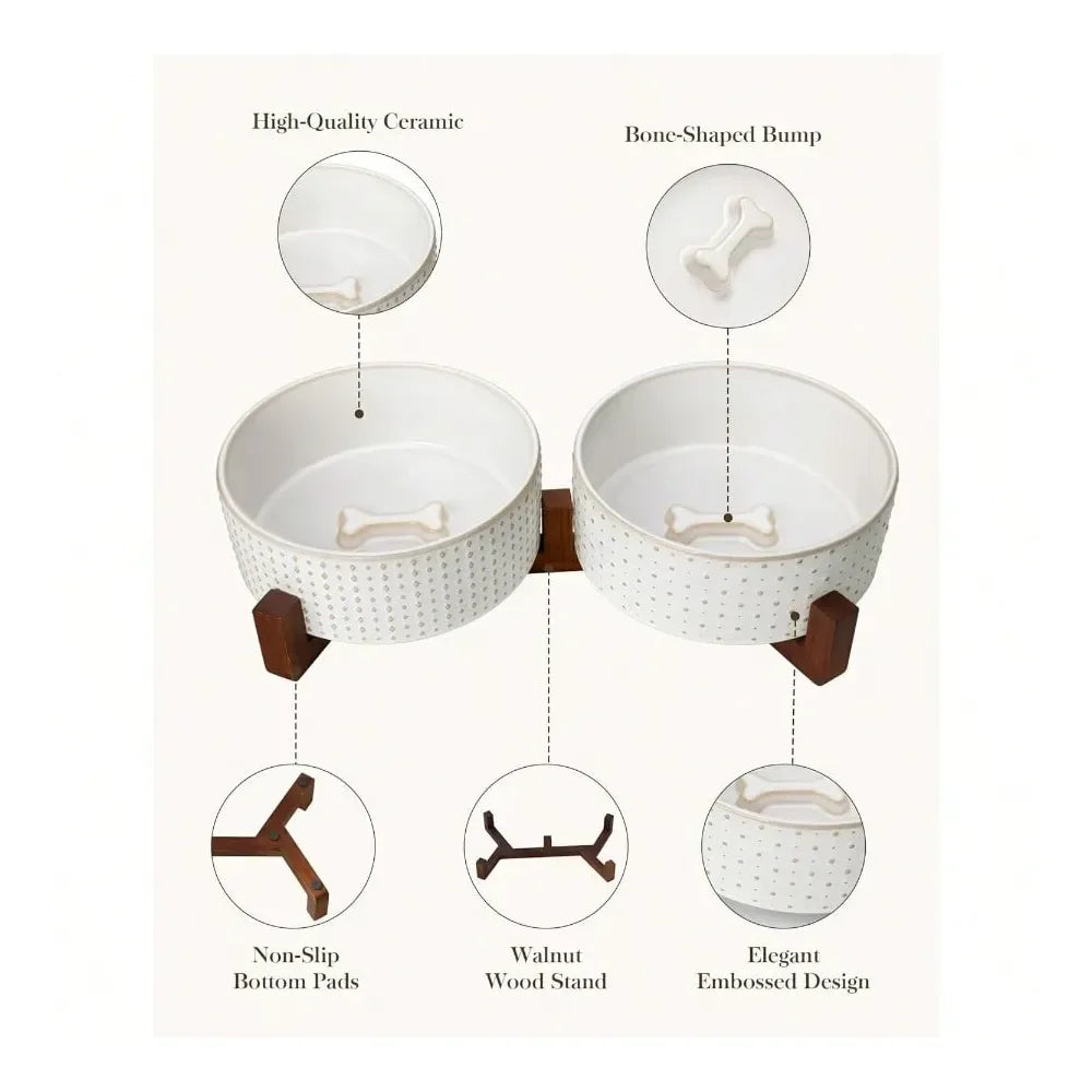 Dog Bowl Set With Walnut Wood Stand Ceramic Pet Bowls