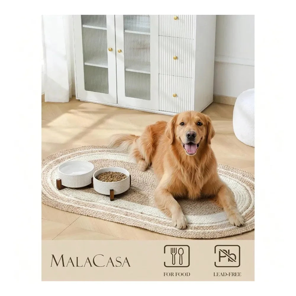 Dog Bowl Set With Walnut Wood Stand Ceramic Pet Bowls