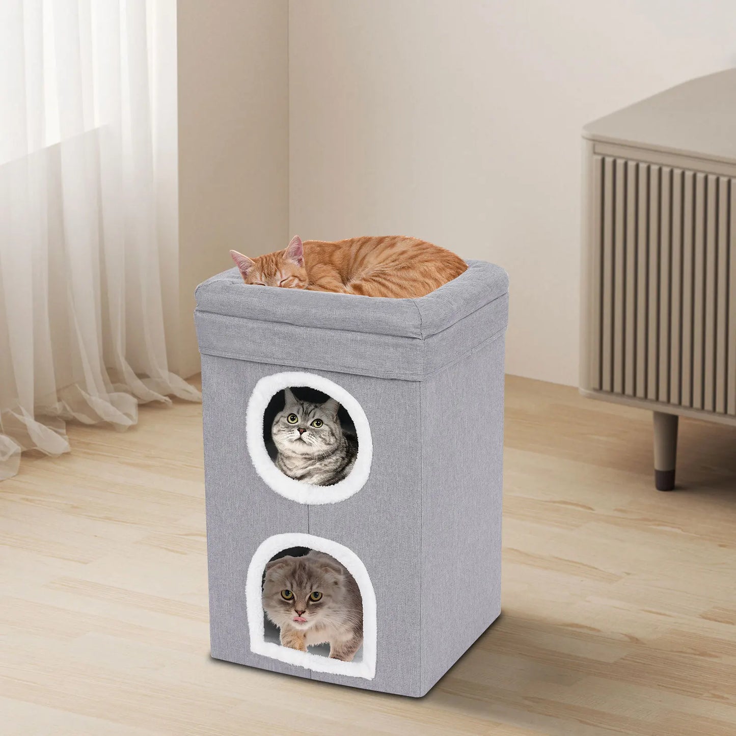 Foldable Modern Cat House Bed With Play Area Space Saving