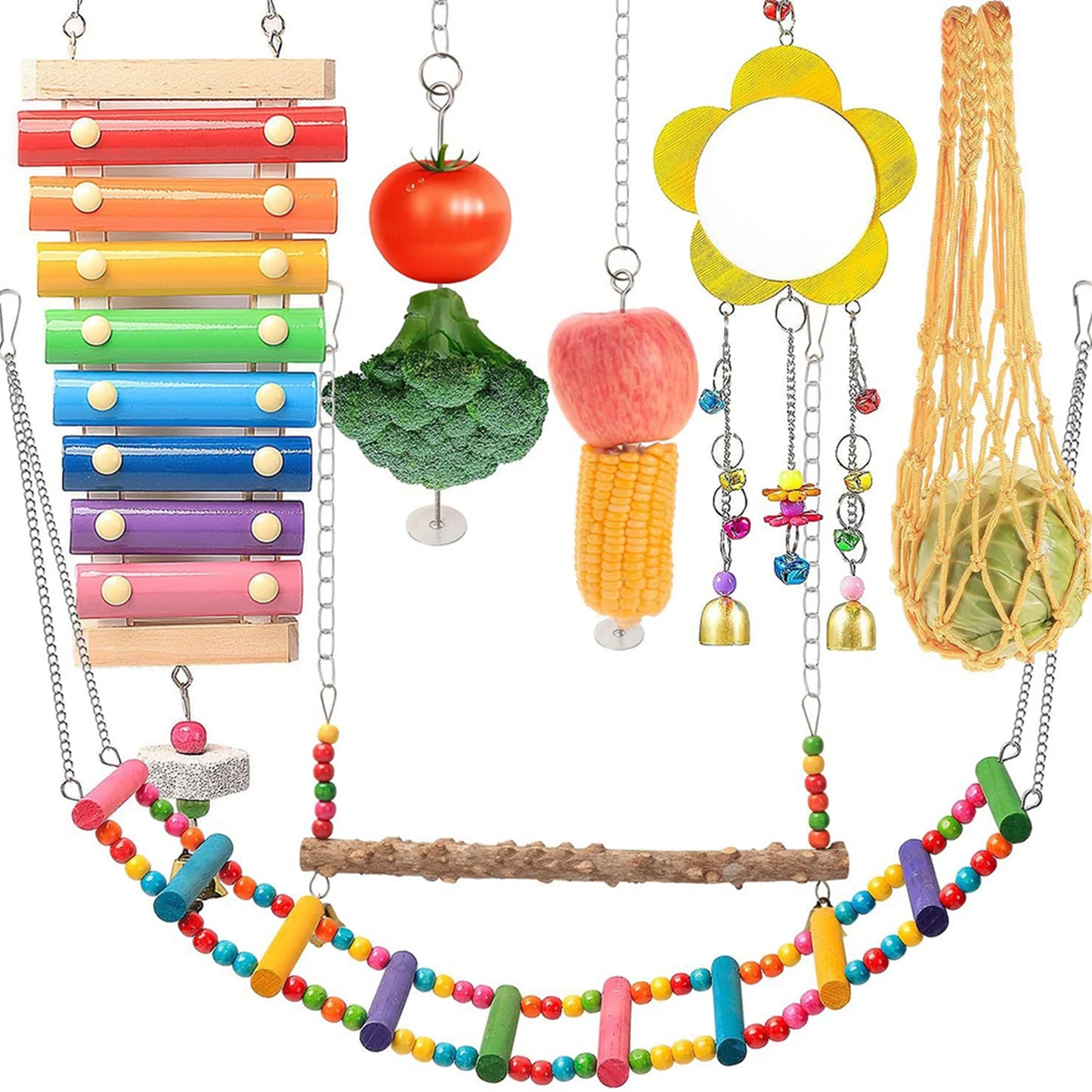 Chewing Foraging Toy With Wooden Hanging Feeder For Budgerigar Parakeet