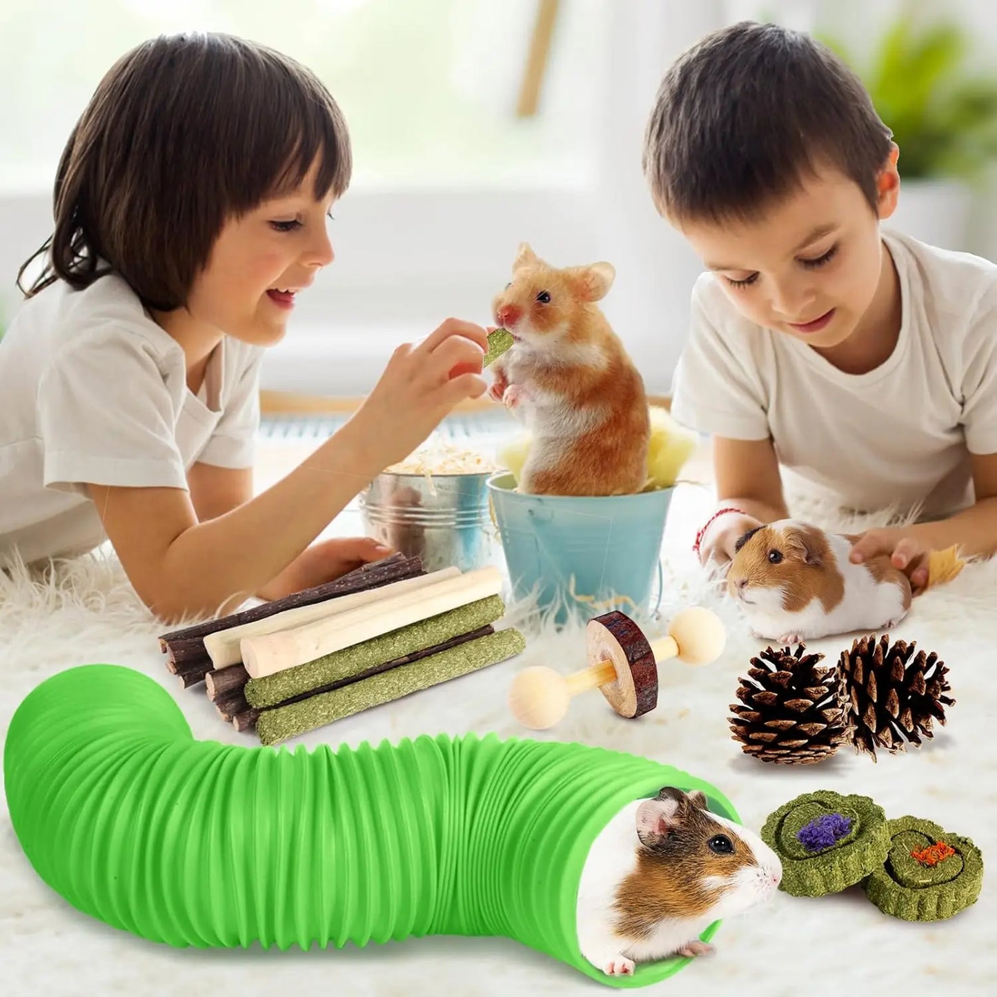 Hamster Guinea Pig Toys Set Tunnel Dental Chewable Wood Hay