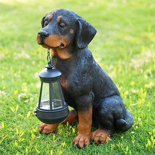 Garden Dog Statues Outdoor Decor Solar Powered LED Rottweiler Figurine
