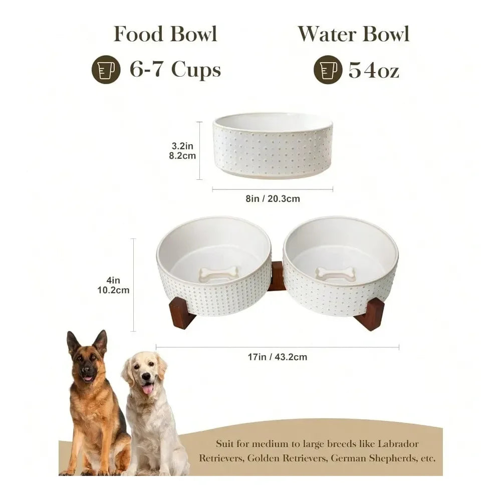 Dog Bowl Set With Walnut Wood Stand Ceramic Pet Bowls