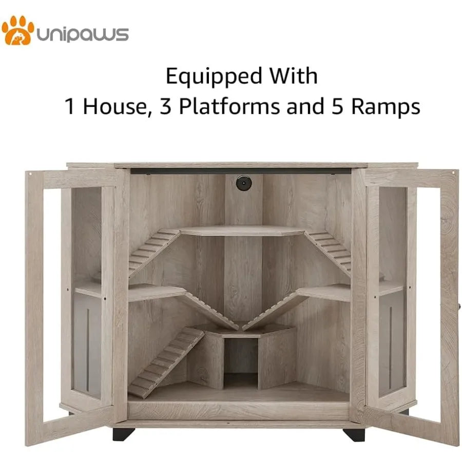 NONECN Corner Wood Small Animal Cage With Ramp And House