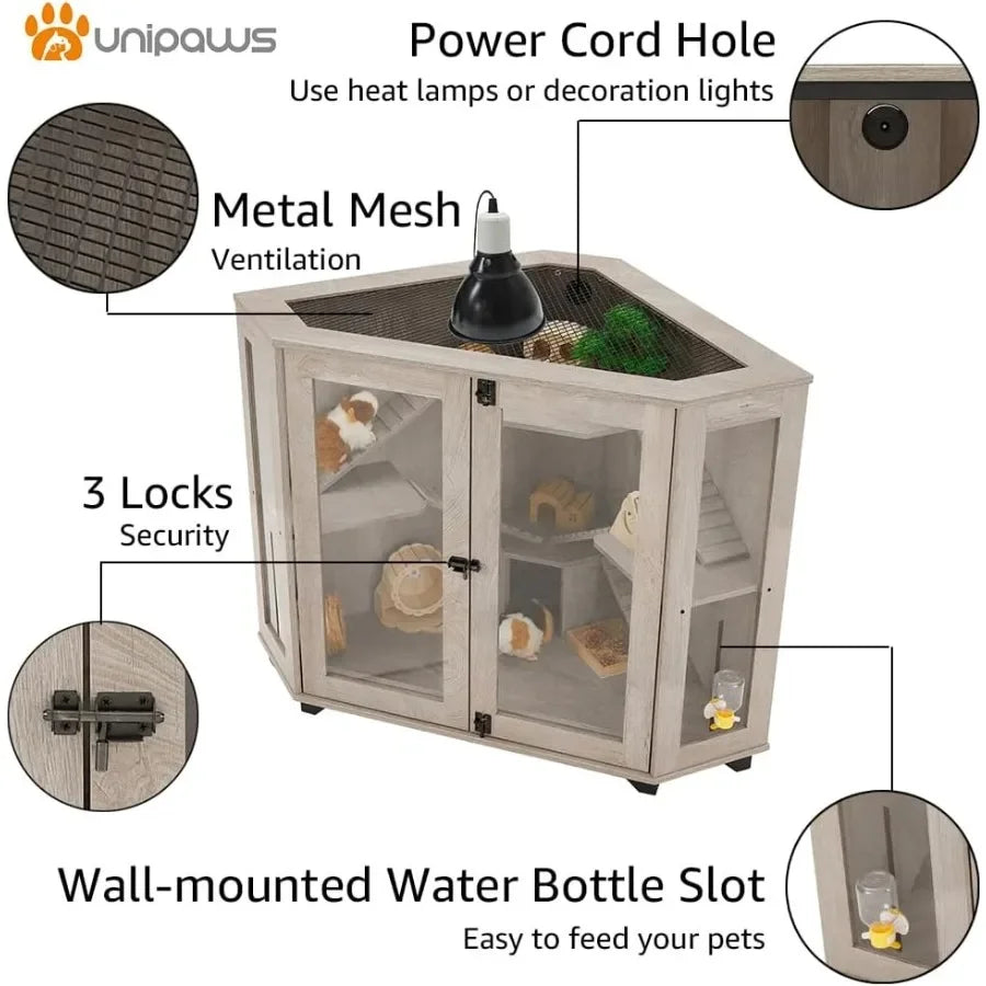 NONECN Corner Wood Small Animal Cage With Ramp And House
