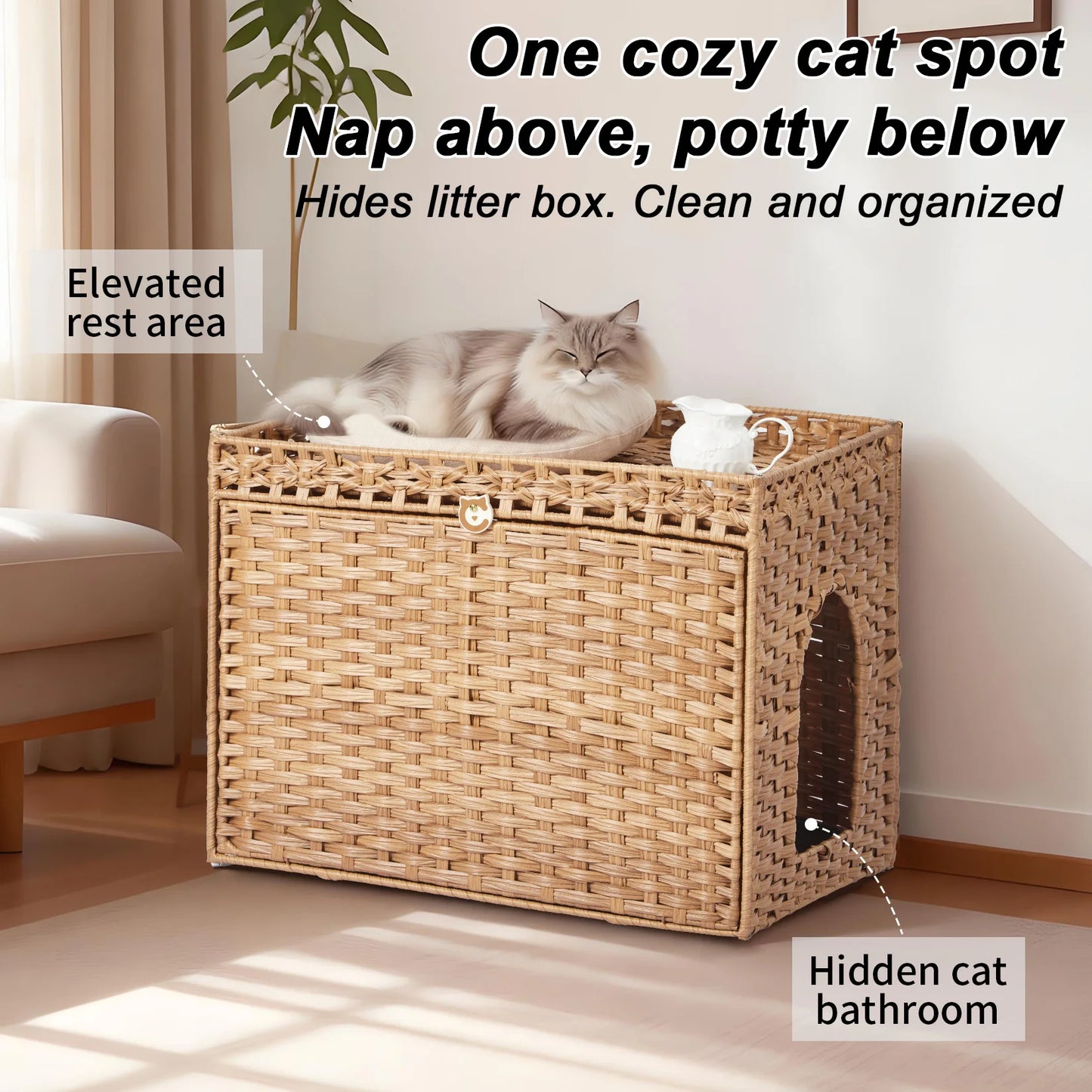 HiMISS Rattan Hidden Cat Litter Box Enclosure Cabinet For Living Room