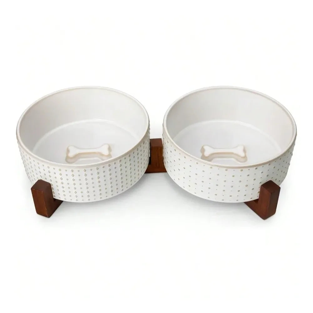 Dog Bowl Set With Walnut Wood Stand Ceramic Pet Bowls