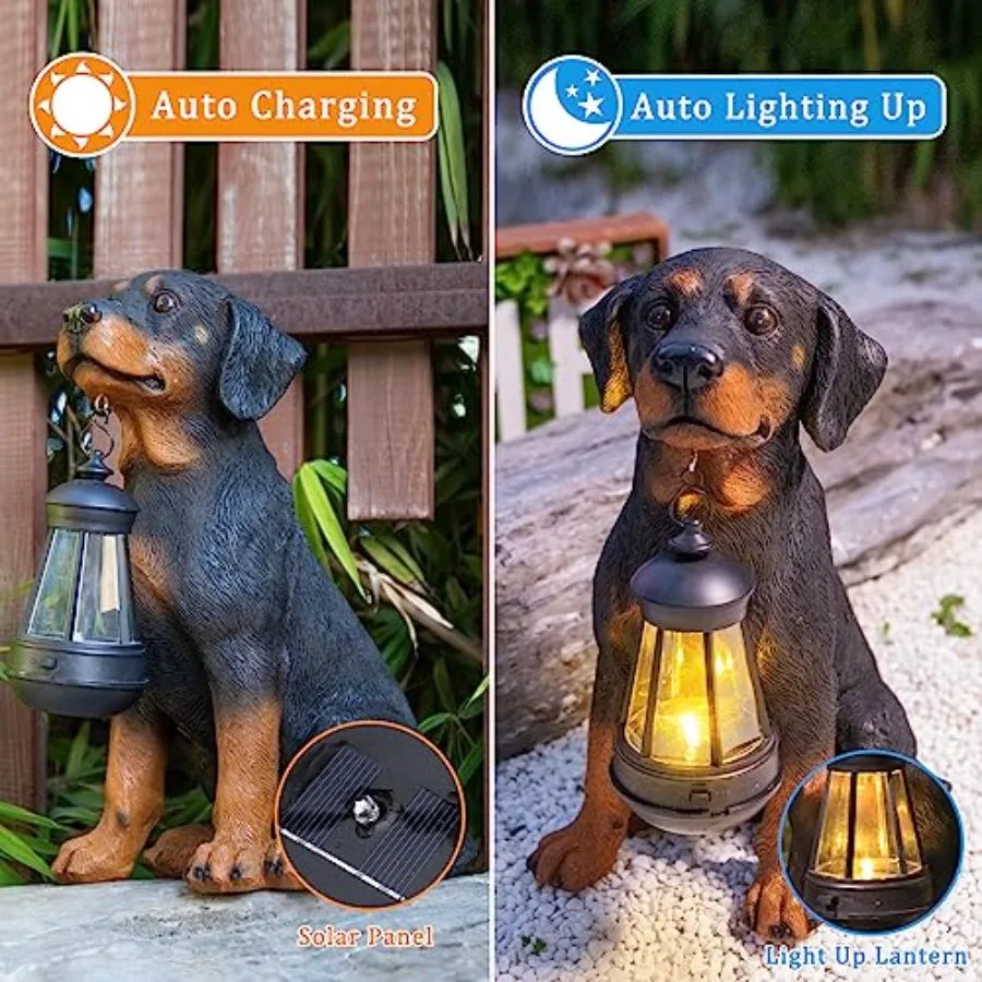 Garden Dog Statues Outdoor Decor Solar Powered LED Rottweiler Figurine