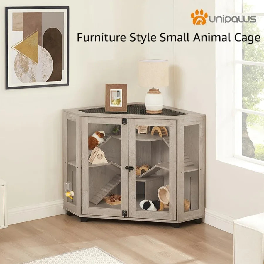 NONECN Corner Wood Small Animal Cage With Ramp And House