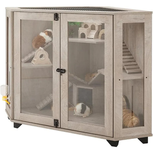 NONECN Corner Wood Small Animal Cage With Ramp And House