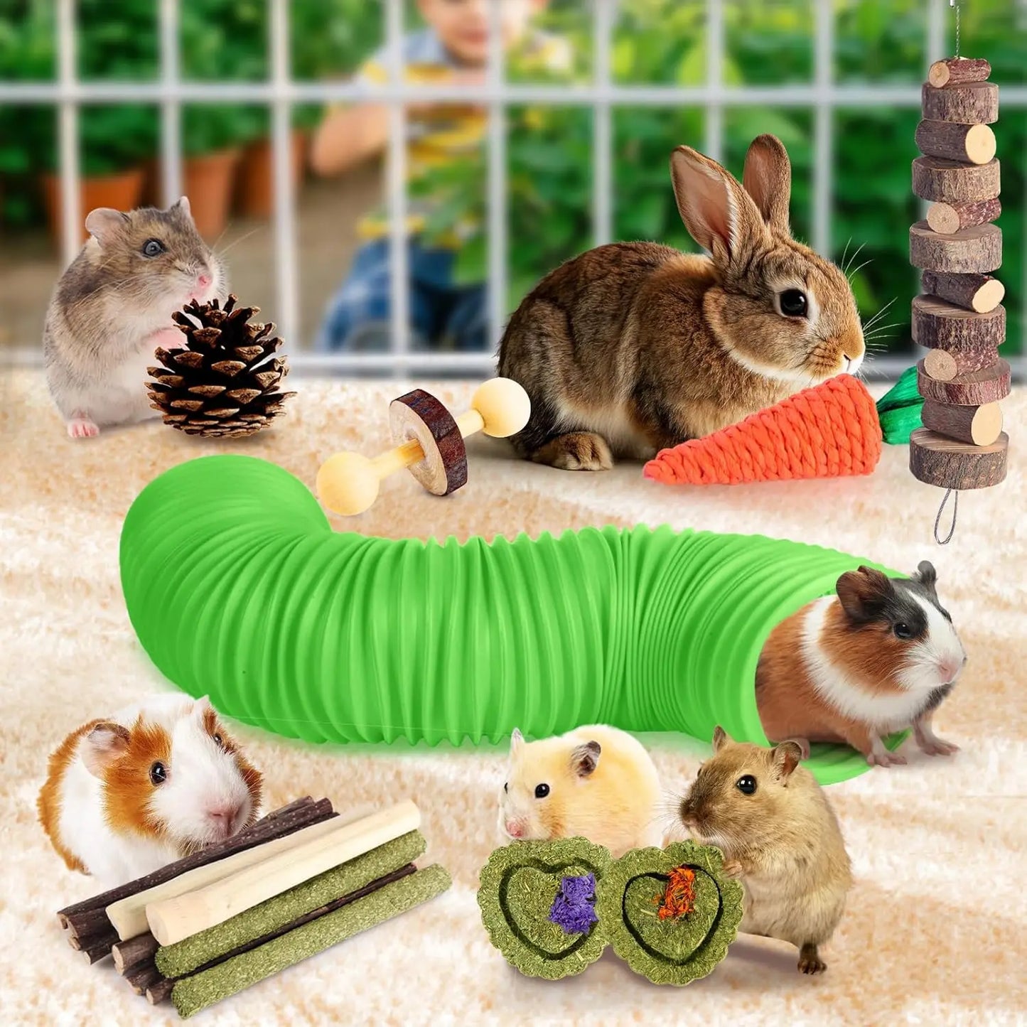 Hamster Guinea Pig Toys Set Tunnel Dental Chewable Wood Hay