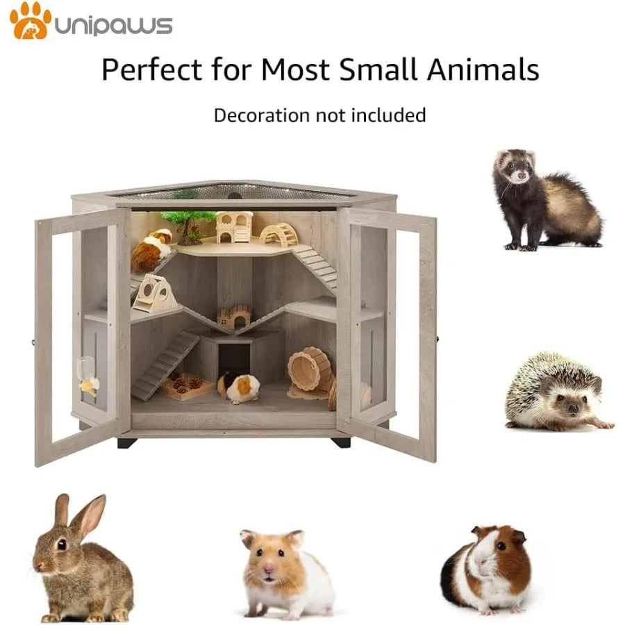 NONECN Corner Wood Small Animal Cage With Ramp And House