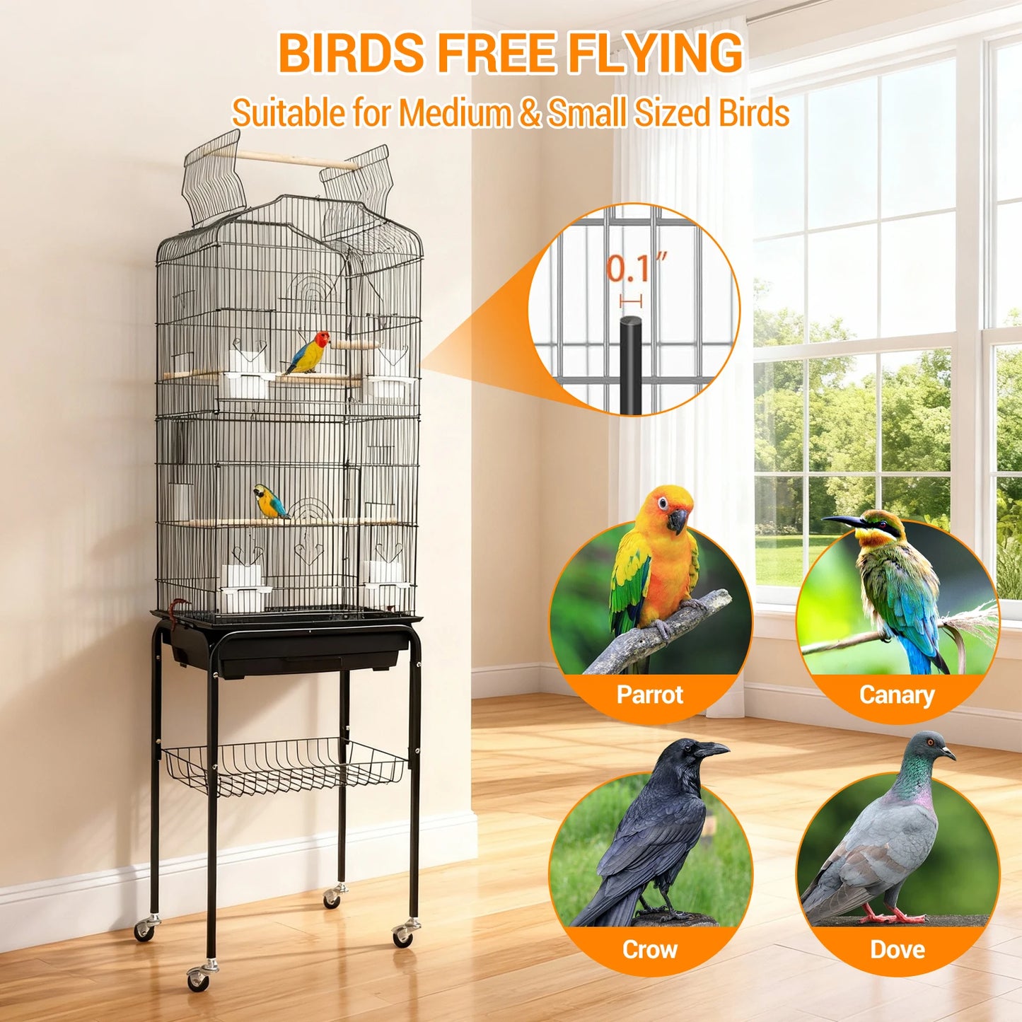 HiMISS Bird Cage With Rooftop Play Stand And Sliding Tray
