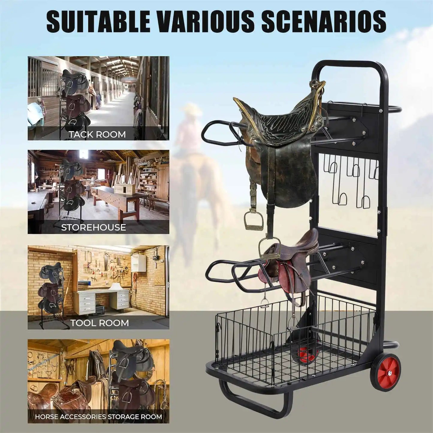 Horse Saddle Rack Portable Heavy Duty Wheels Cart for Stable Storage