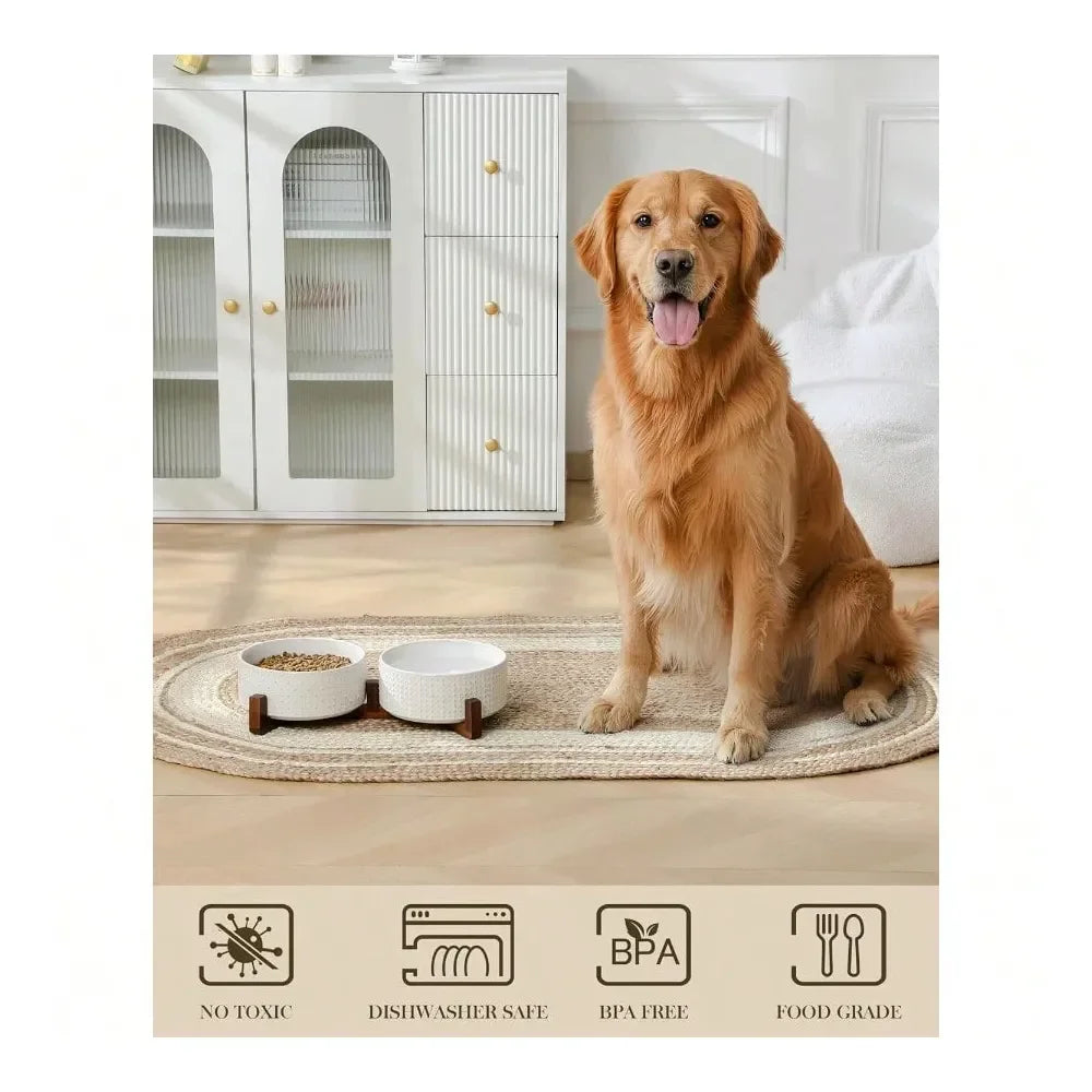 Dog Bowl Set With Walnut Wood Stand Ceramic Pet Bowls