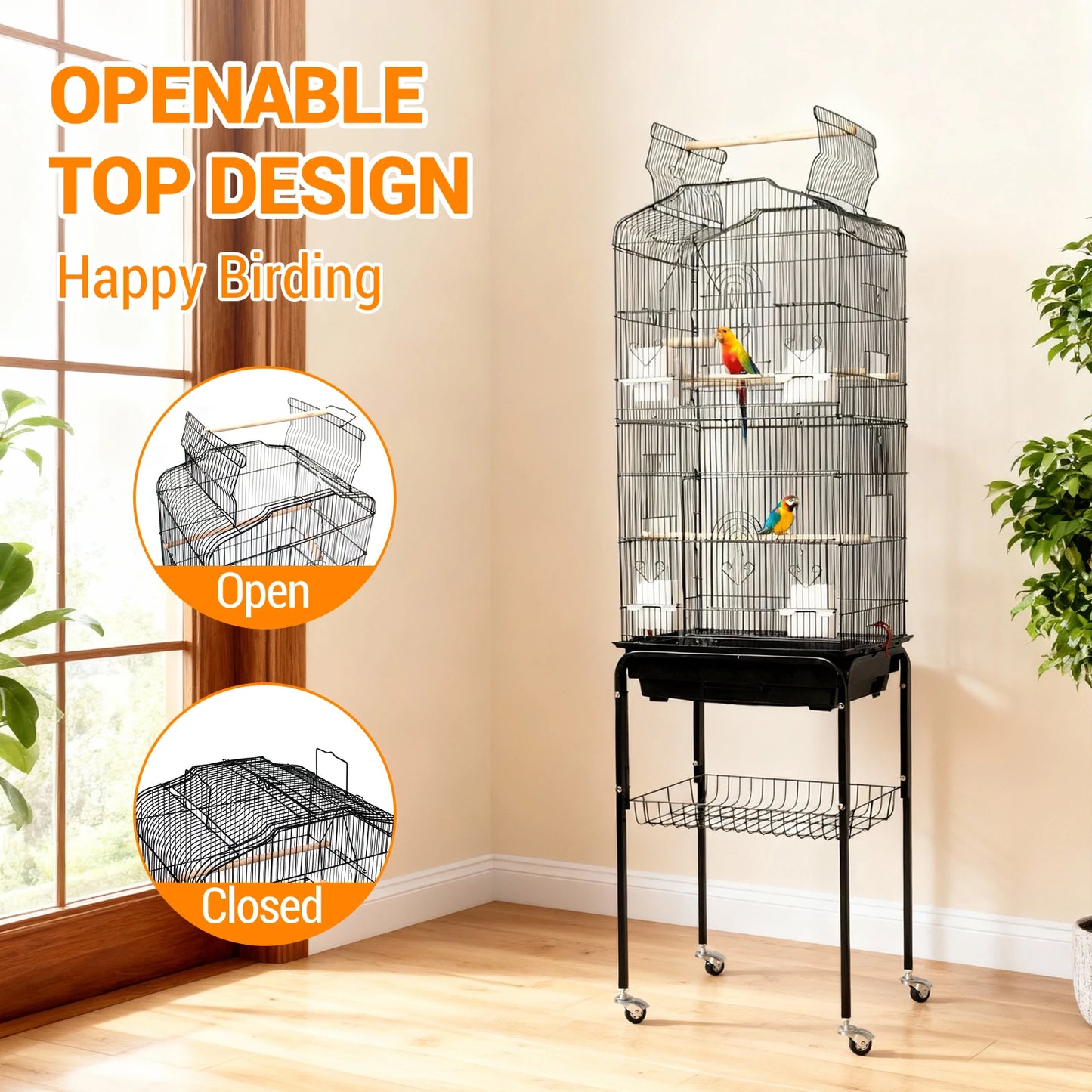 HiMISS Bird Cage With Rooftop Play Stand And Sliding Tray
