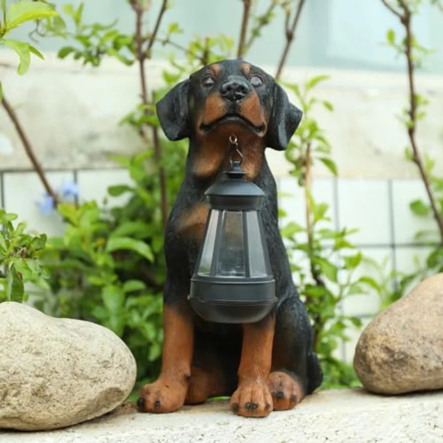 Garden Dog Statues Outdoor Decor Solar Powered LED Rottweiler Figurine