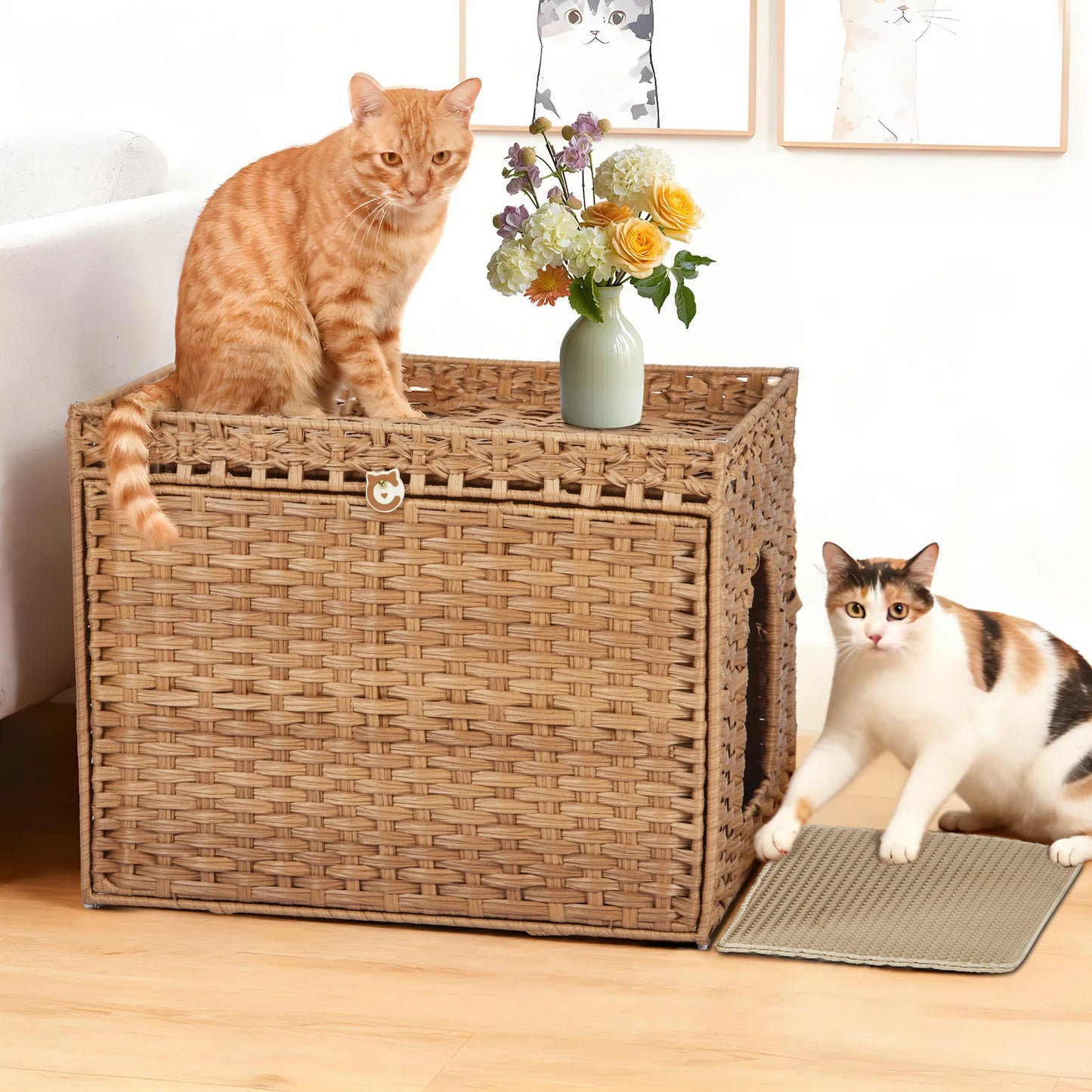 HiMISS Rattan Hidden Cat Litter Box Enclosure Cabinet For Living Room