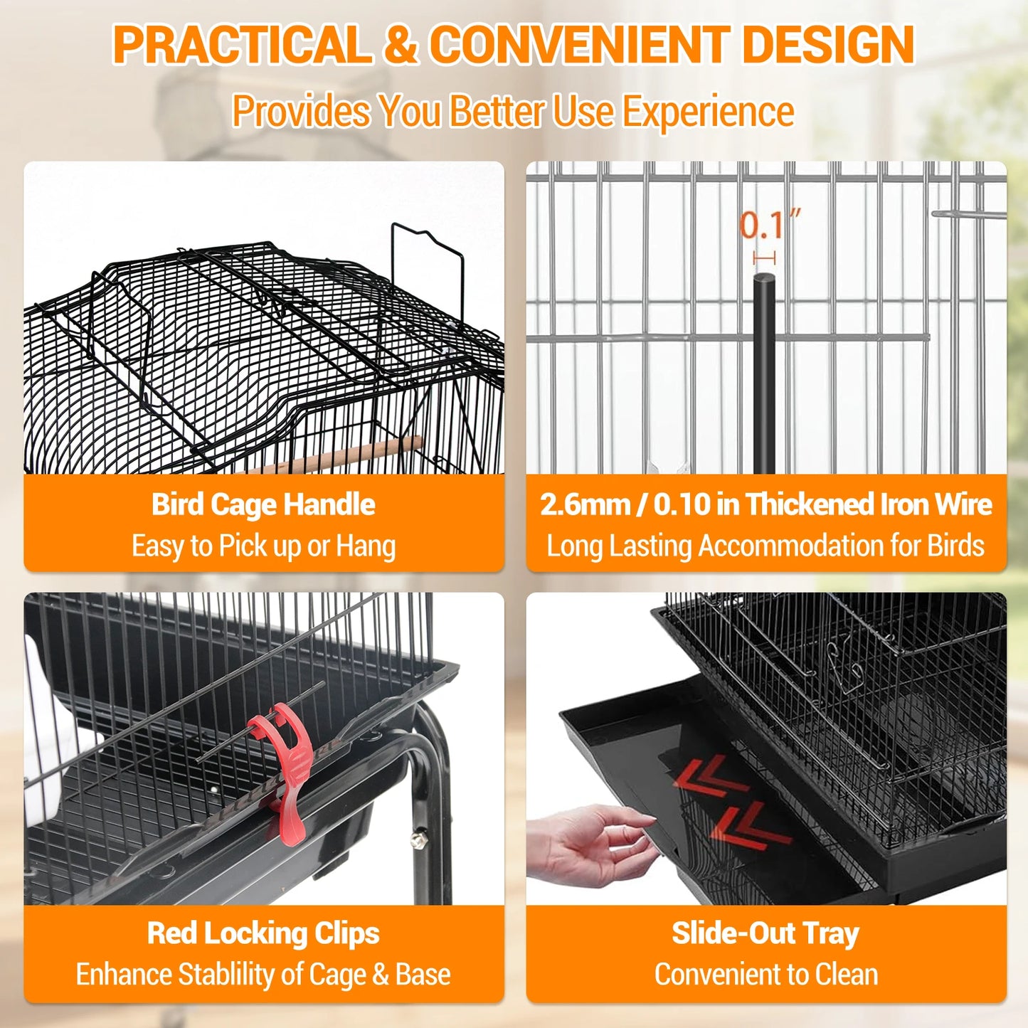 HiMISS Bird Cage With Rooftop Play Stand And Sliding Tray